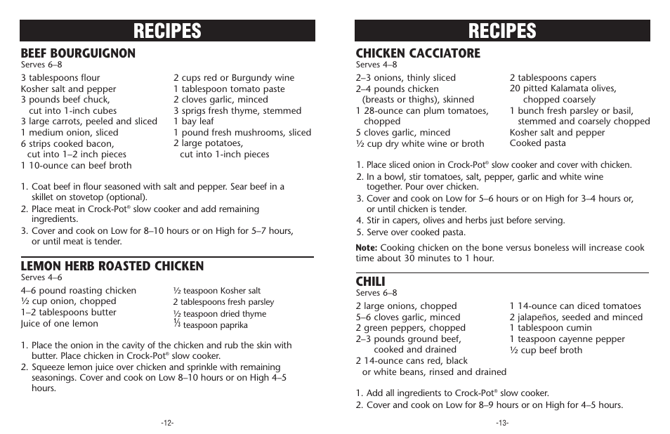 Recipes, Beef bourguignon, Lemon herb roasted chicken | Chicken cacciatore, Chili | Crock-Pot Designer Series 4-7 Quart User Manual | Page 7 / 8