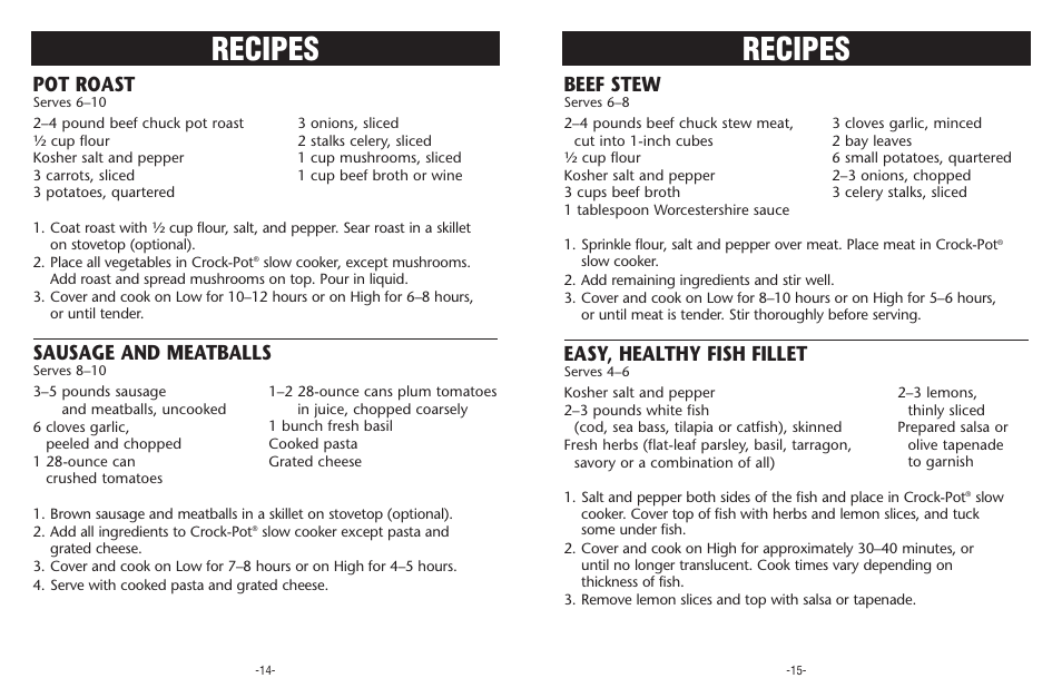 Recipes, Pot roast, Sausage and meatballs | Beef stew, Easy, healthy fish fillet | Crock-Pot Designer Series 4-7 Quart User Manual | Page 8 / 8