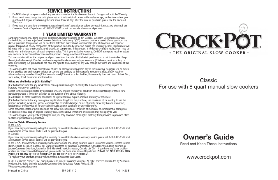 Crock-Pot Classic 8 Quart User Manual | 8 pages