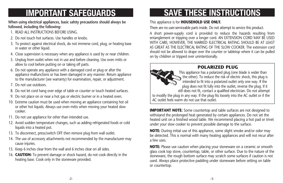 Save these instructions important safeguards | Crock-Pot Classic 8 Quart User Manual | Page 2 / 8