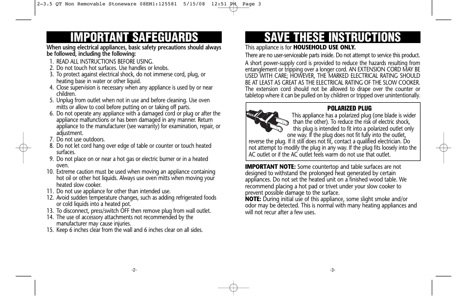 Save these instructions, Important safeguards | Crock-Pot Classic 2-3.5 Quart User Manual | Page 2 / 7