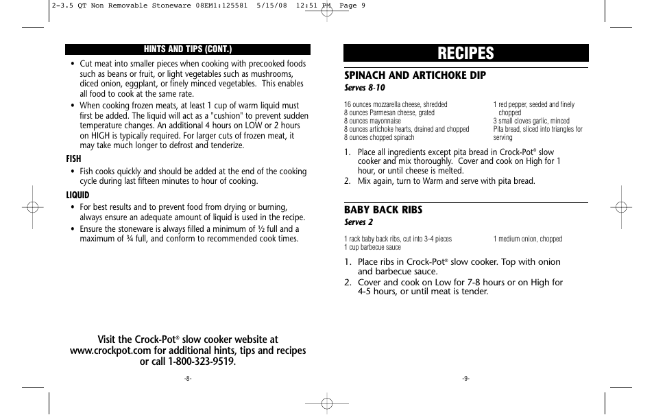 Recipes, Visit the crock-pot, Spinach and artichoke dip | Baby back ribs | Crock-Pot Classic 2-3.5 Quart User Manual | Page 5 / 7