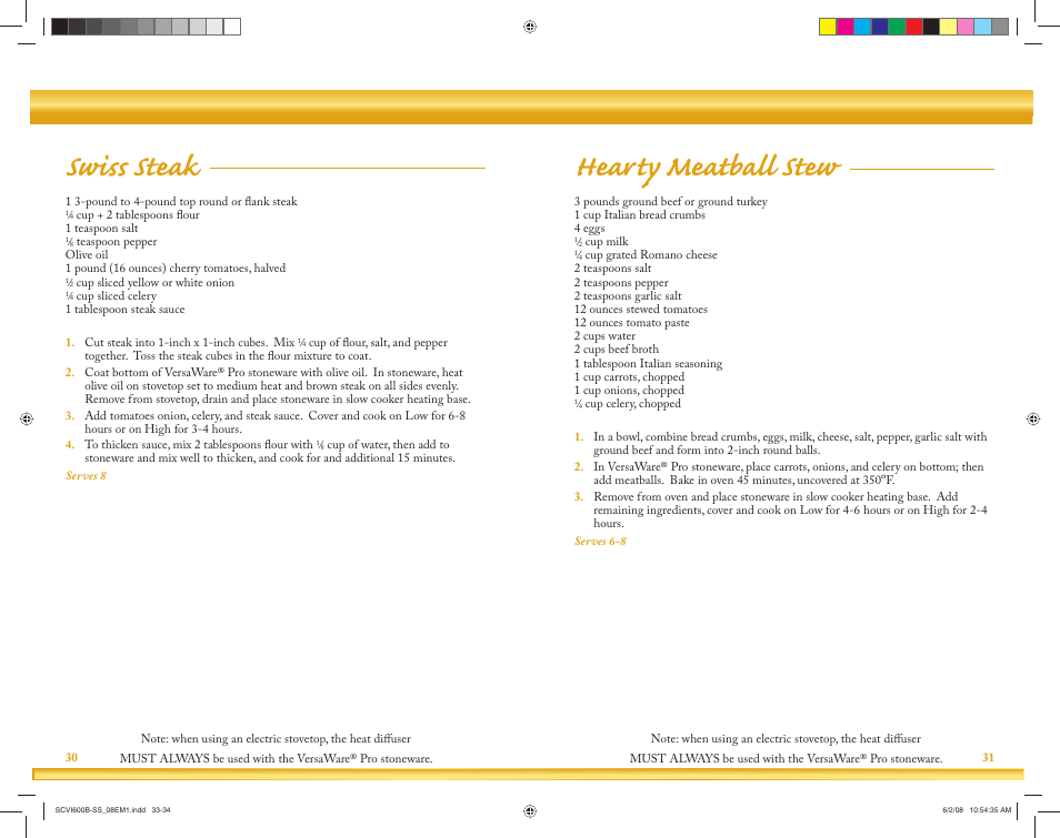 Swiss steak, Hearty meatball stew | Crock-Pot VersaWare Pro User Manual | Page 17 / 33