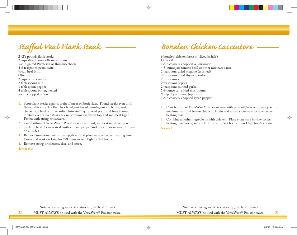 Stuffed veal flank steak, Boneless chicken cacciatore | Crock-Pot VersaWare Pro User Manual | Page 18 / 33