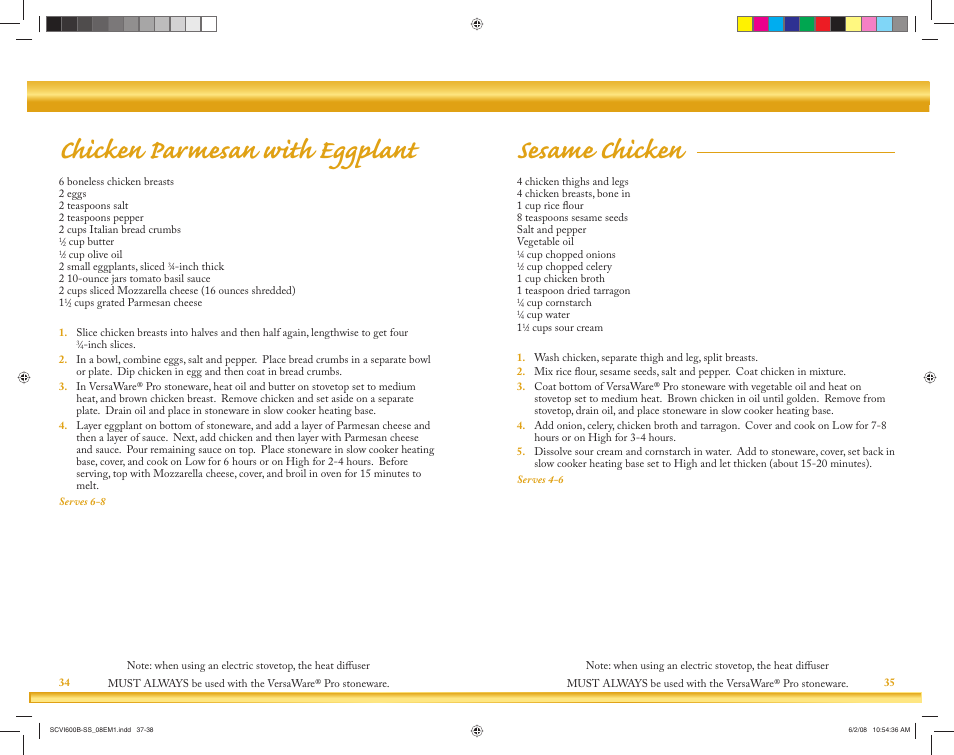 Chicken parmesan with eggplant, Sesame chicken | Crock-Pot VersaWare Pro User Manual | Page 19 / 33