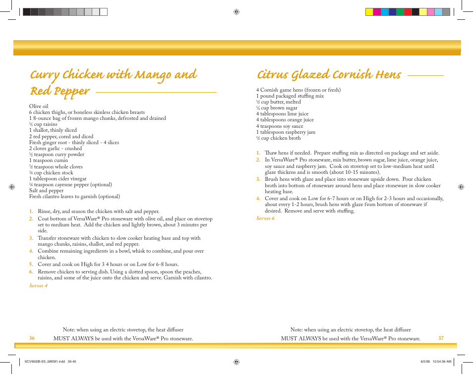 Curry chicken with mango and red pepper, Citrus glazed cornish hens | Crock-Pot VersaWare Pro User Manual | Page 20 / 33