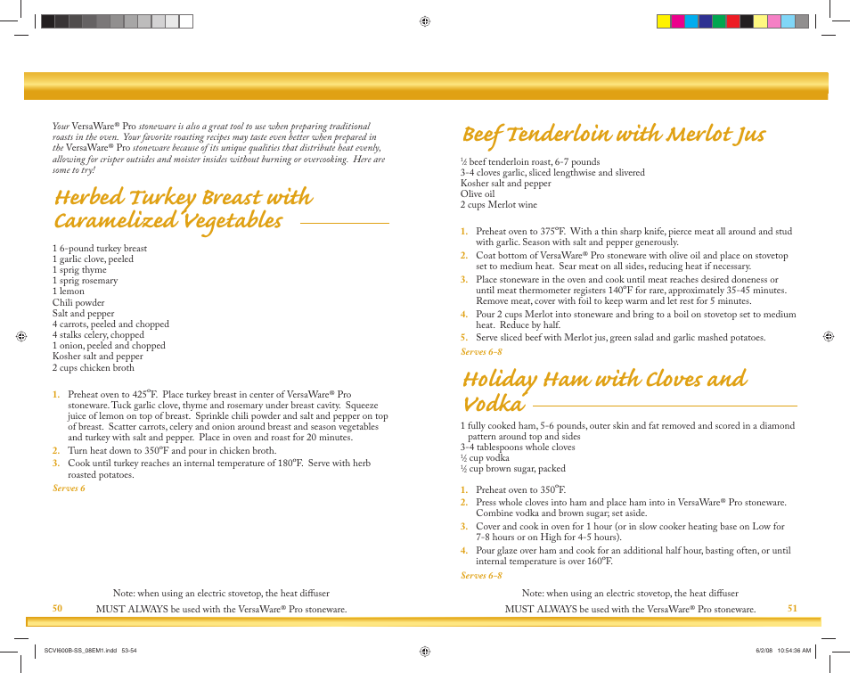 Herbed turkey breast with caramelized vegetables, Beef tenderloin with merlot jus, Holiday ham with cloves and vodka | Crock-Pot VersaWare Pro User Manual | Page 27 / 33