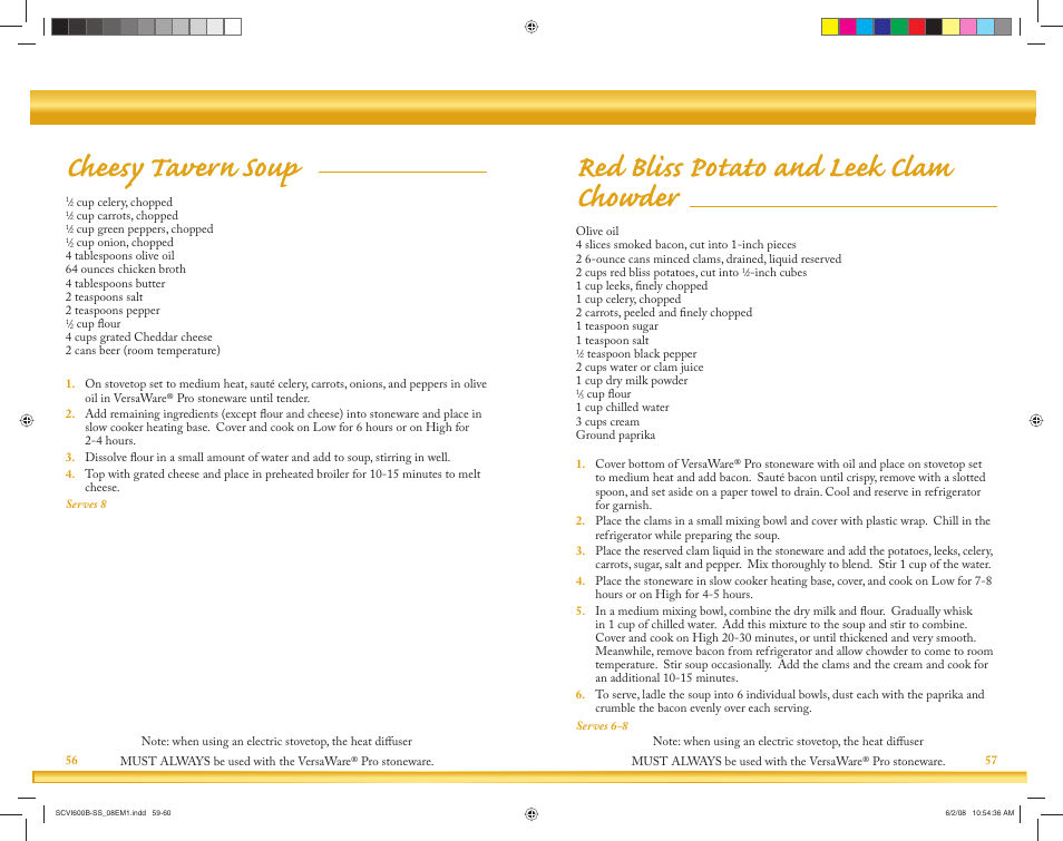 Cheesy tavern soup, Red bliss potato and leek clam chowder | Crock-Pot VersaWare Pro User Manual | Page 30 / 33