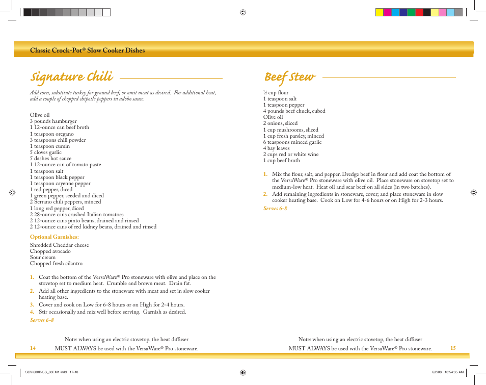 Signature chili, Beef stew | Crock-Pot VersaWare Pro User Manual | Page 9 / 33