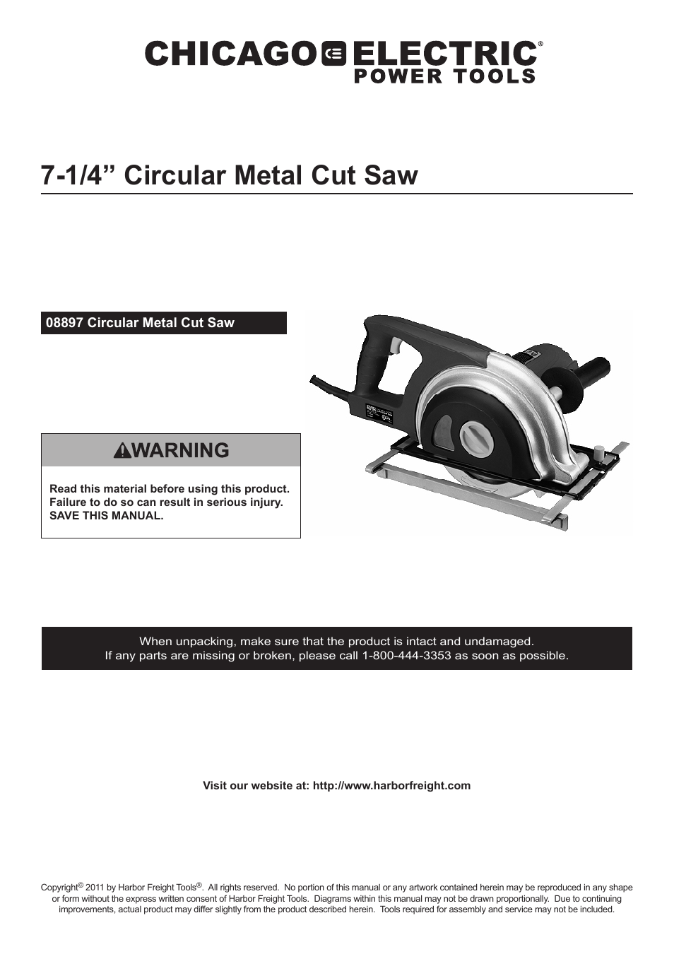 Chicago Electric 7-1/4" Circular Metal Cut Saw 8897 User Manual | 14 pages