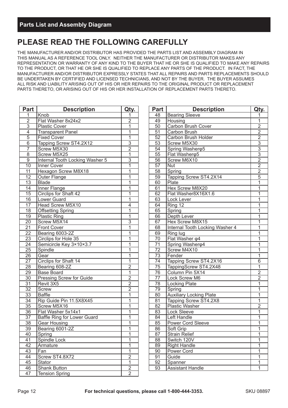 Please read the following carefully | Chicago Electric 7-1/4" Circular Metal Cut Saw 8897 User Manual | Page 12 / 14