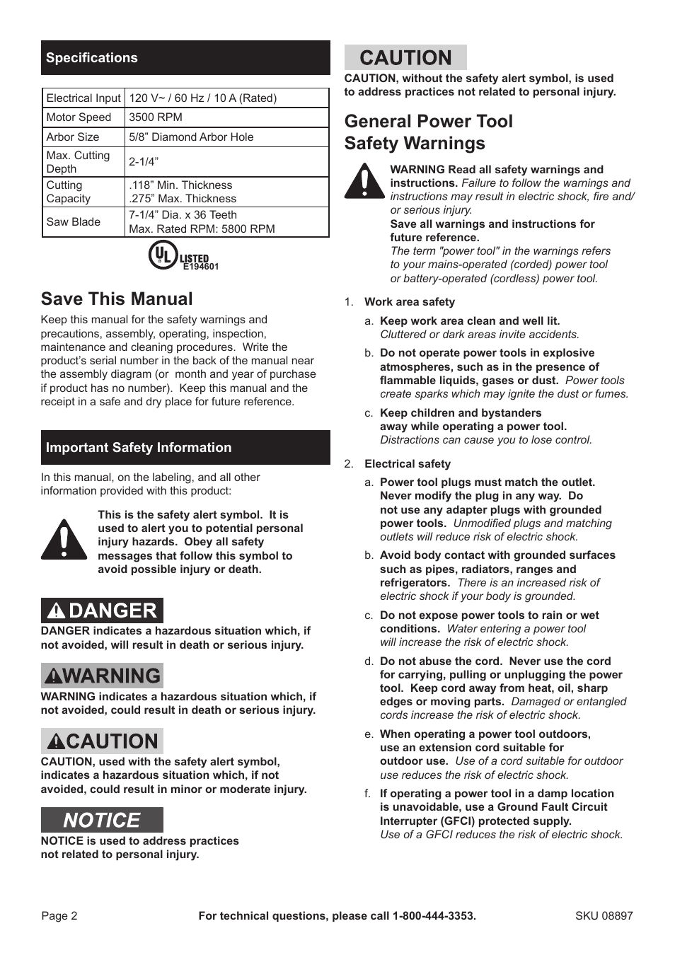 Save this manual, General power tool safety warnings | Chicago Electric 7-1/4" Circular Metal Cut Saw 8897 User Manual | Page 2 / 14