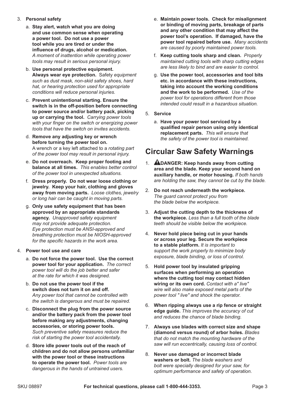 Circular saw safety warnings | Chicago Electric 7-1/4" Circular Metal Cut Saw 8897 User Manual | Page 3 / 14