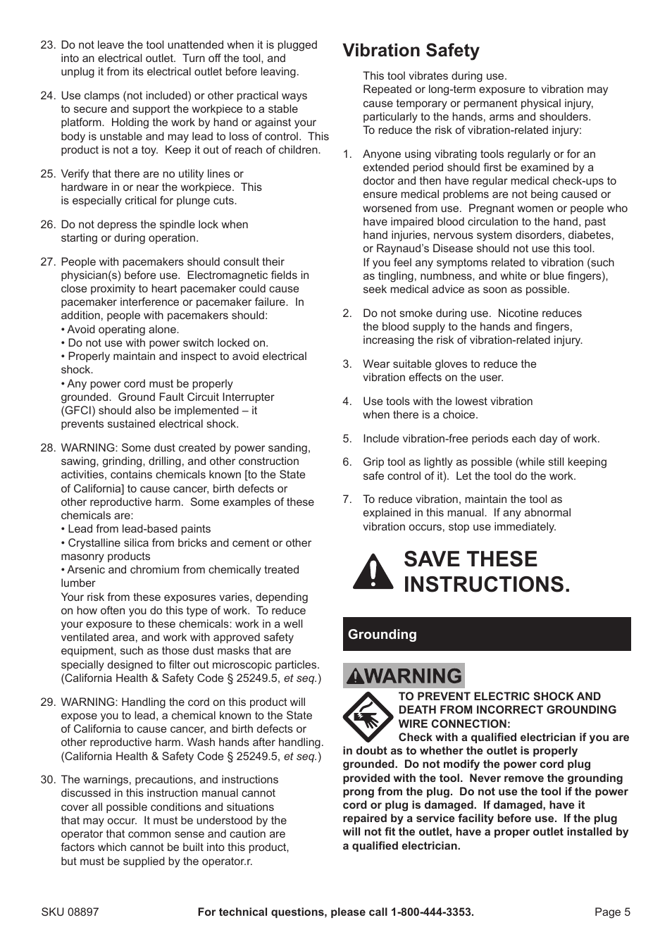 Save these instructions, Vibration safety | Chicago Electric 7-1/4" Circular Metal Cut Saw 8897 User Manual | Page 5 / 14