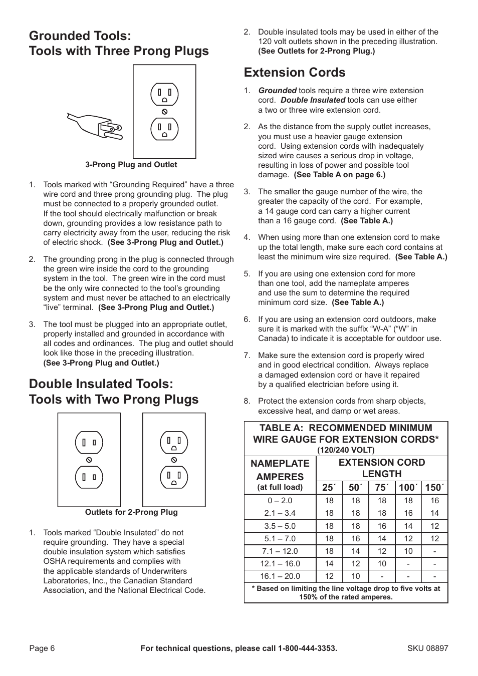 Grounded tools: tools with three prong plugs, Double insulated tools: tools with two prong plugs, Extension cords | Chicago Electric 7-1/4" Circular Metal Cut Saw 8897 User Manual | Page 6 / 14