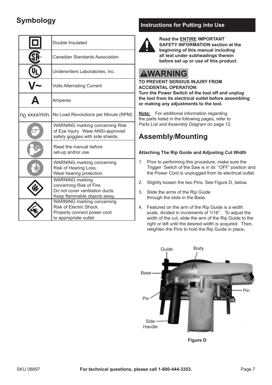 Symbology, Assembly, Mounting | Chicago Electric 7-1/4" Circular Metal Cut Saw 8897 User Manual | Page 7 / 14