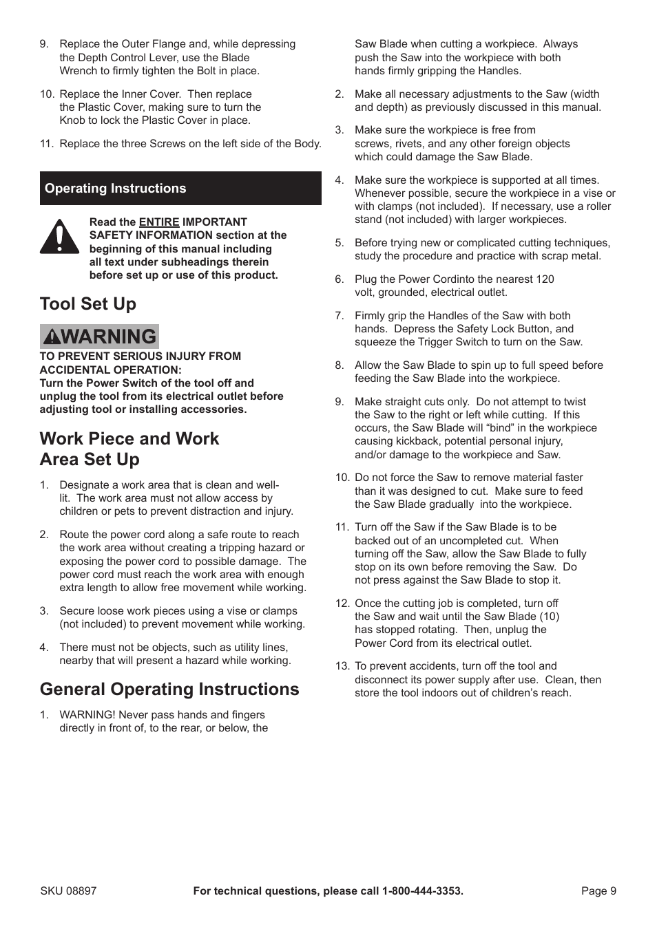 Tool set up, Work piece and work area set up, General operating instructions | Chicago Electric 7-1/4" Circular Metal Cut Saw 8897 User Manual | Page 9 / 14