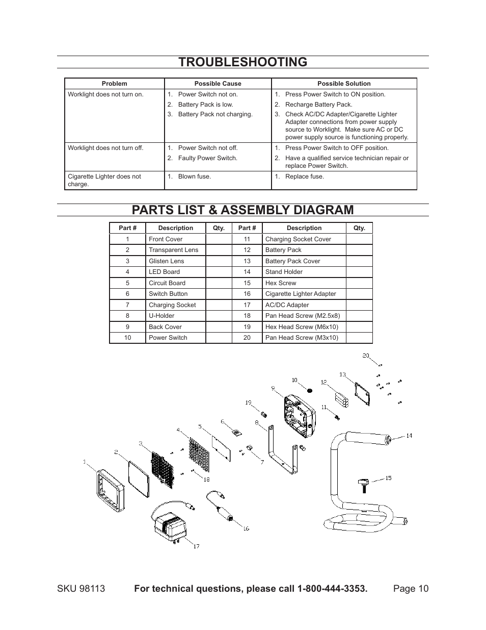 Parts list & assembly diagram, Troubleshooting | Chicago Electric 98113 User Manual | Page 10 / 11