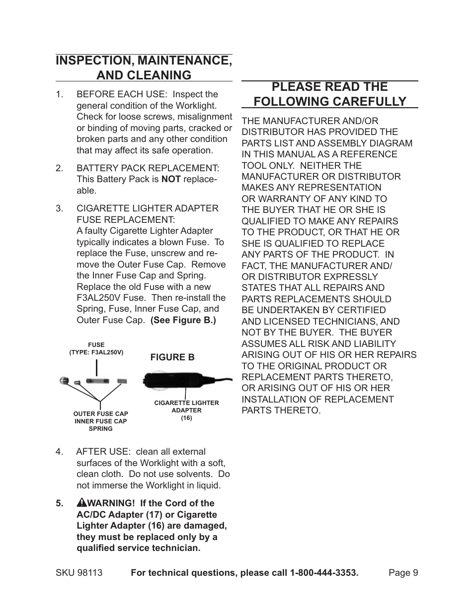 Inspection, maintenance, and cleaning, Please read the following carefully | Chicago Electric 98113 User Manual | Page 9 / 11