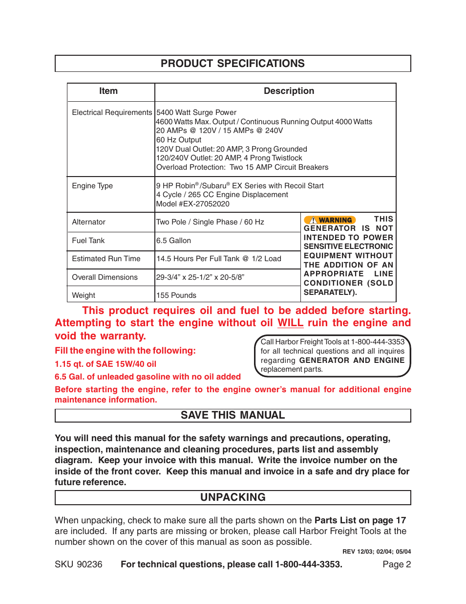 Product specifications save this manual, Unpacking | Chicago Electric 90236 User Manual | Page 2 / 18