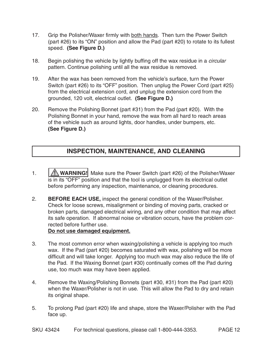 Chicago Electric 10" Ramdon Orbit Polisher/Waxer 43424 User Manual | Page 12 / 14