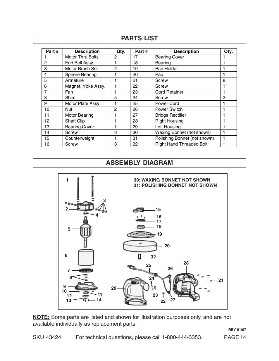 Assembly diagram, Parts list | Chicago Electric 10" Ramdon Orbit Polisher/Waxer 43424 User Manual | Page 14 / 14