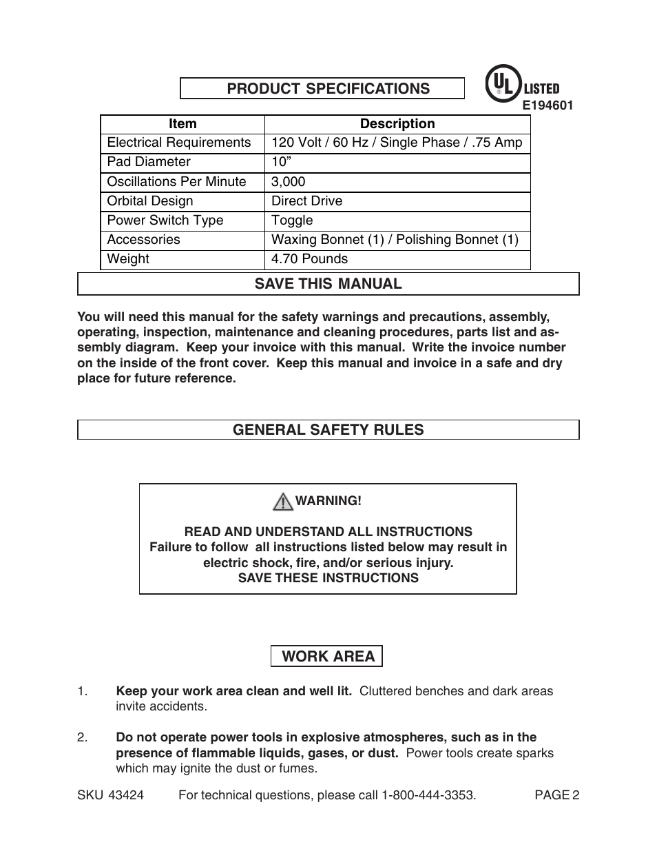 Chicago Electric 10" Ramdon Orbit Polisher/Waxer 43424 User Manual | Page 2 / 14