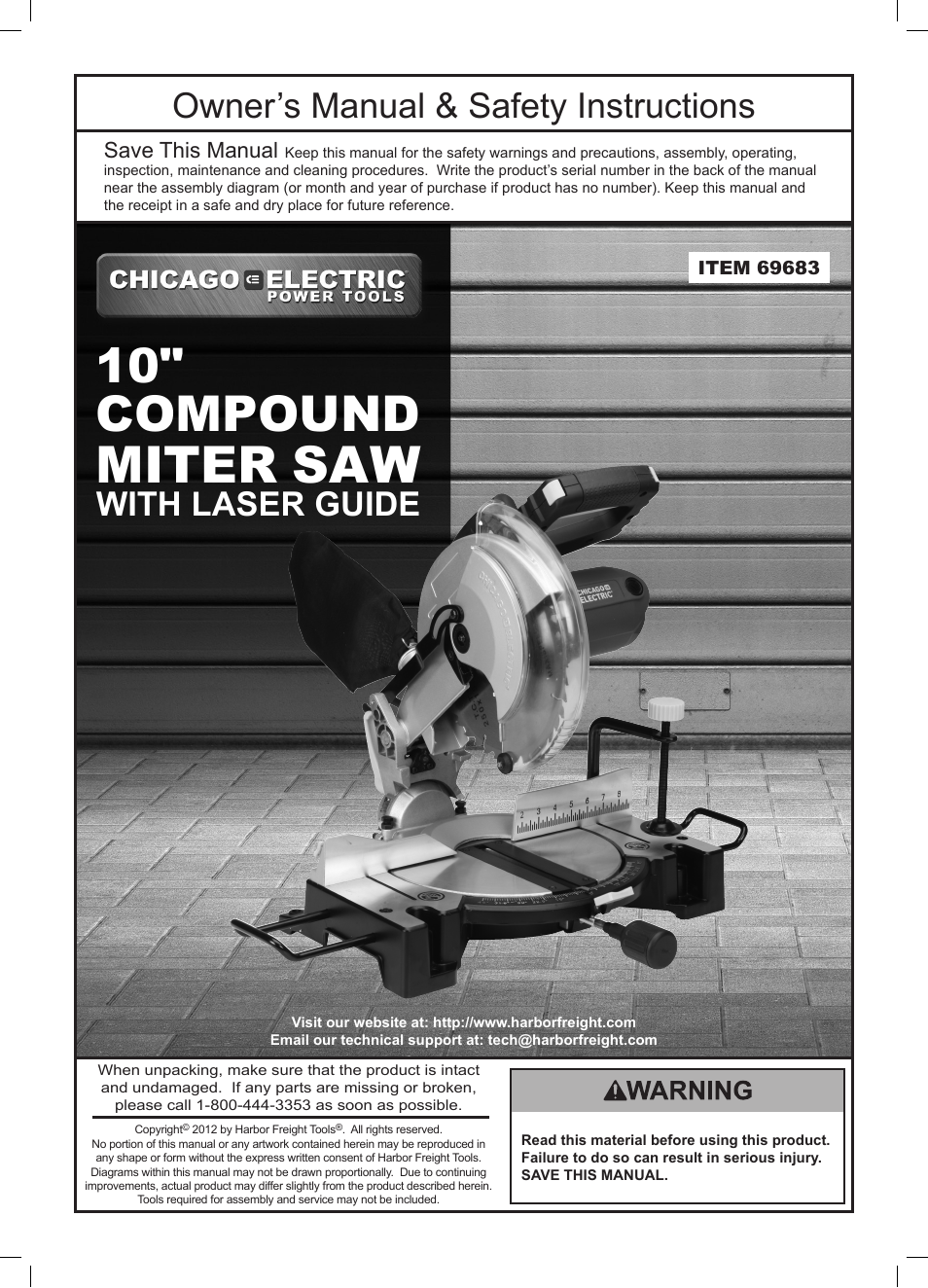 Chicago Electric 10" Compound Miter Saw with Laser Guide 69683 User Manual | 20 pages