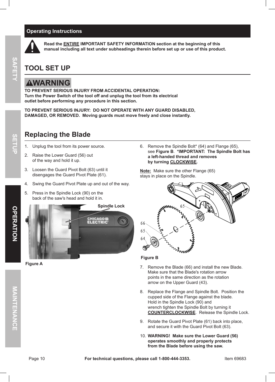 Tool set up, Replacing the blade, Safety opera tion maintenance setup | Chicago Electric 10" Compound Miter Saw with Laser Guide 69683 User Manual | Page 10 / 20