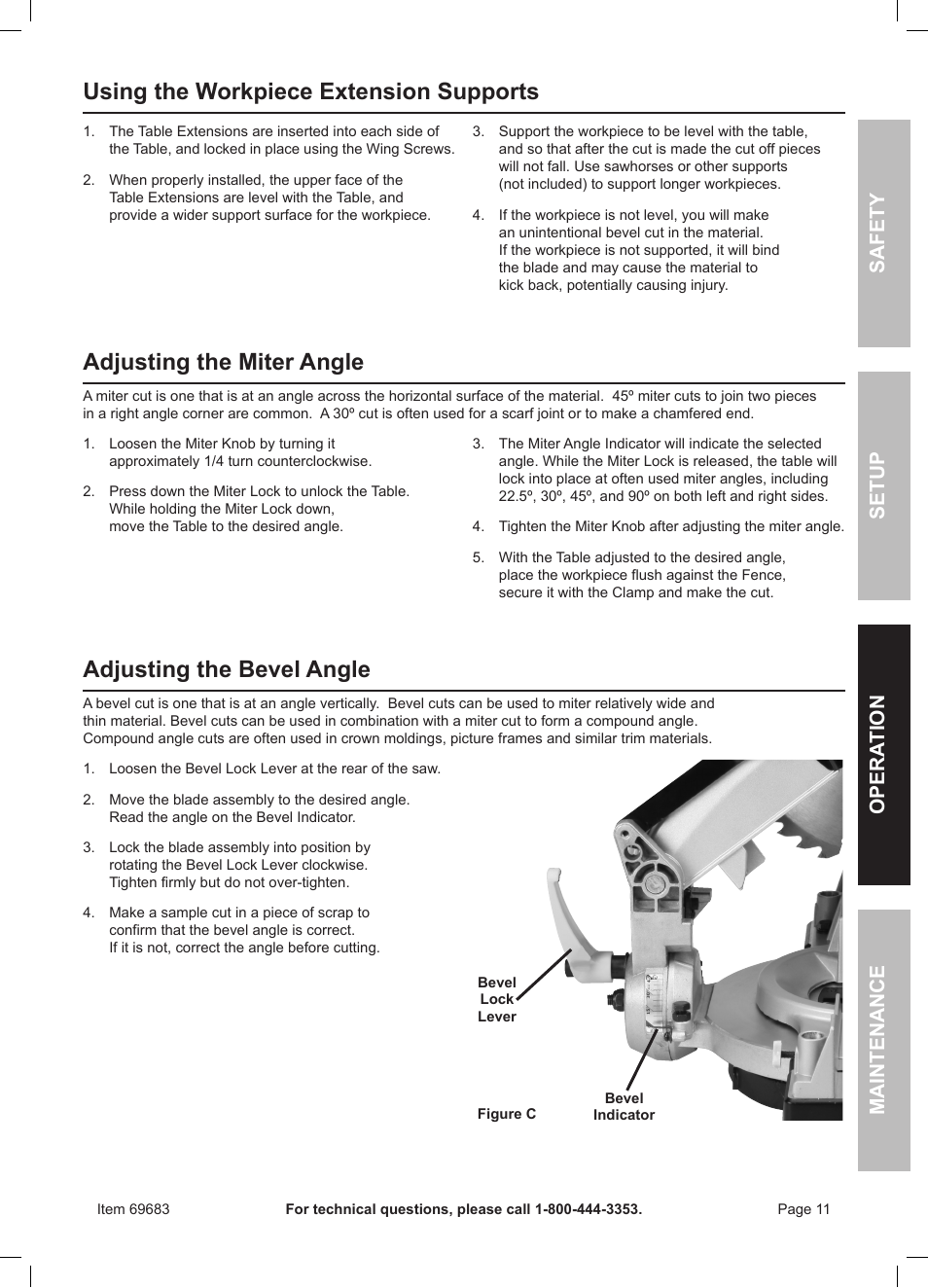 Using the workpiece extension supports, Adjusting the miter angle, Adjusting the bevel angle | Safety opera tion maintenance setup | Chicago Electric 10" Compound Miter Saw with Laser Guide 69683 User Manual | Page 11 / 20