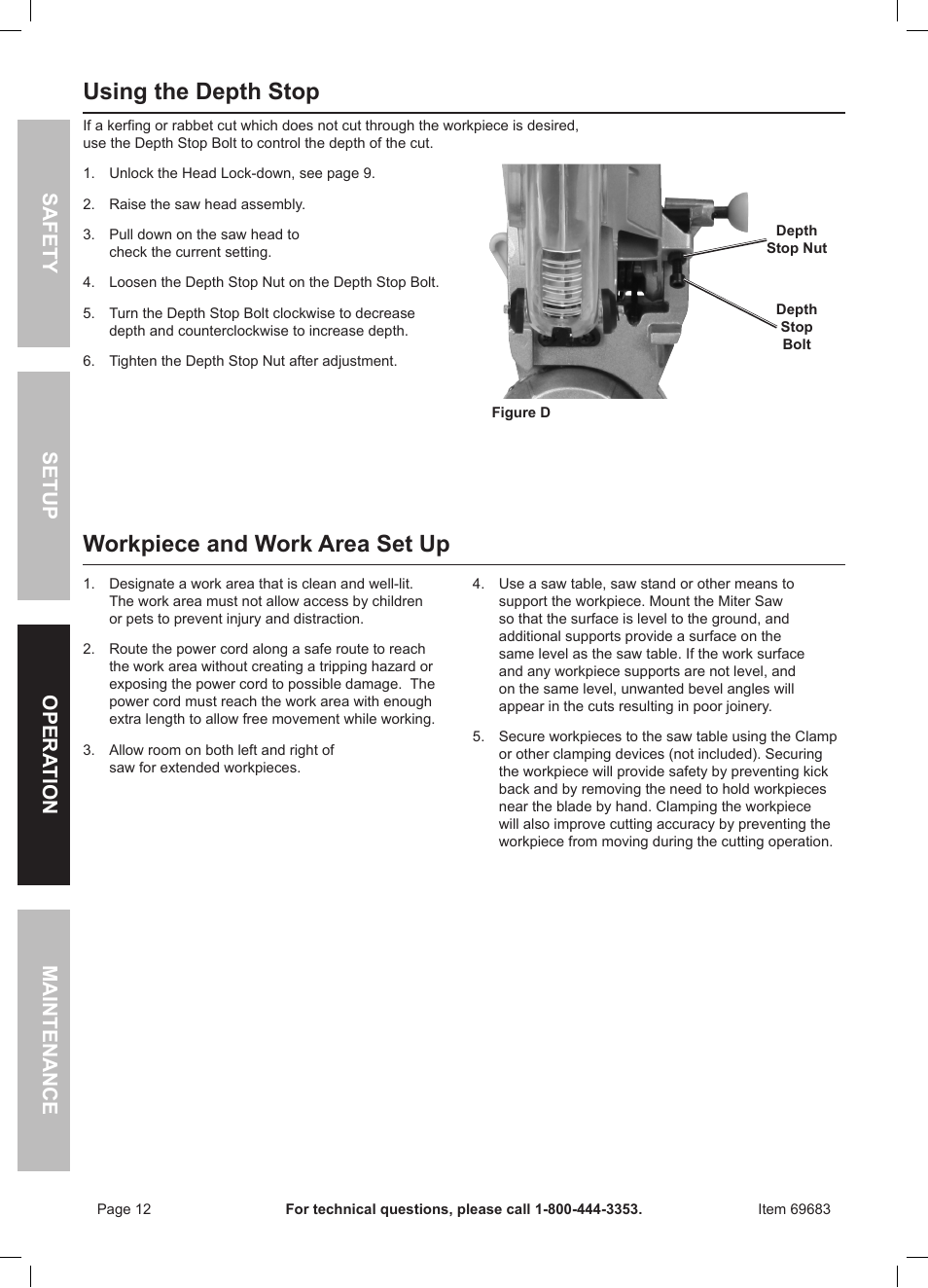 Using the depth stop, Workpiece and work area set up, Safety opera tion maintenance setup | Chicago Electric 10" Compound Miter Saw with Laser Guide 69683 User Manual | Page 12 / 20