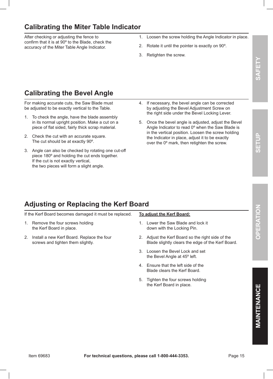 Calibrating the miter table indicator, Calibrating the bevel angle, Adjusting or replacing the kerf board | Safety opera tion maintenance setup | Chicago Electric 10" Compound Miter Saw with Laser Guide 69683 User Manual | Page 15 / 20