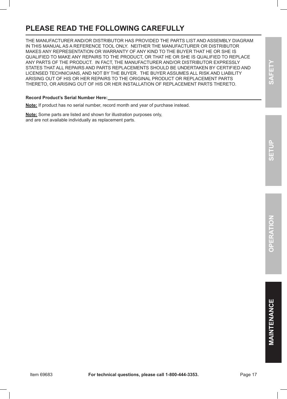 Please read the following carefully, Safety opera tion maintenance setup | Chicago Electric 10" Compound Miter Saw with Laser Guide 69683 User Manual | Page 17 / 20