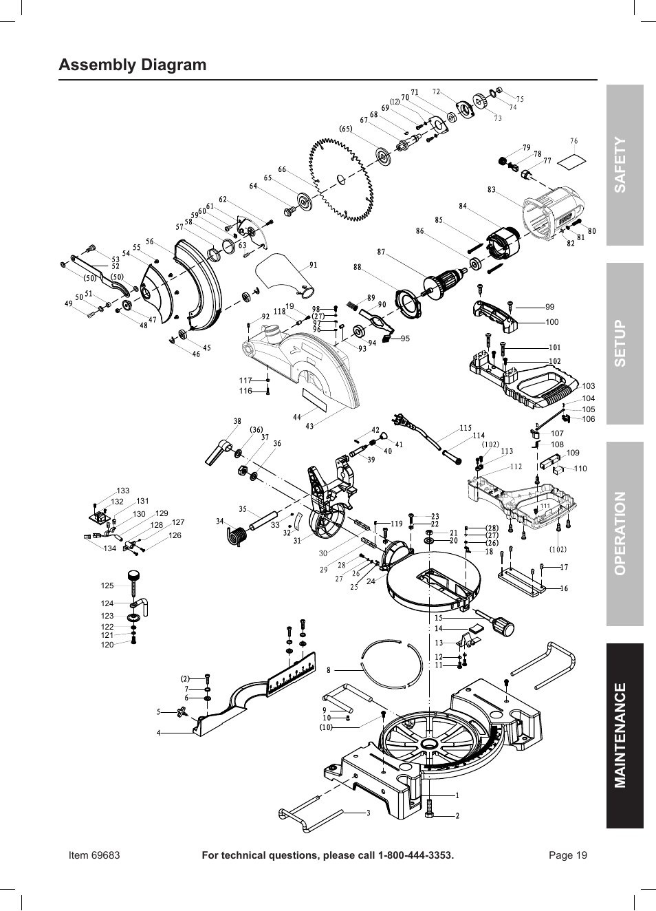 Assembly diagram, Safety opera tion maintenance setup | Chicago Electric 10" Compound Miter Saw with Laser Guide 69683 User Manual | Page 19 / 20