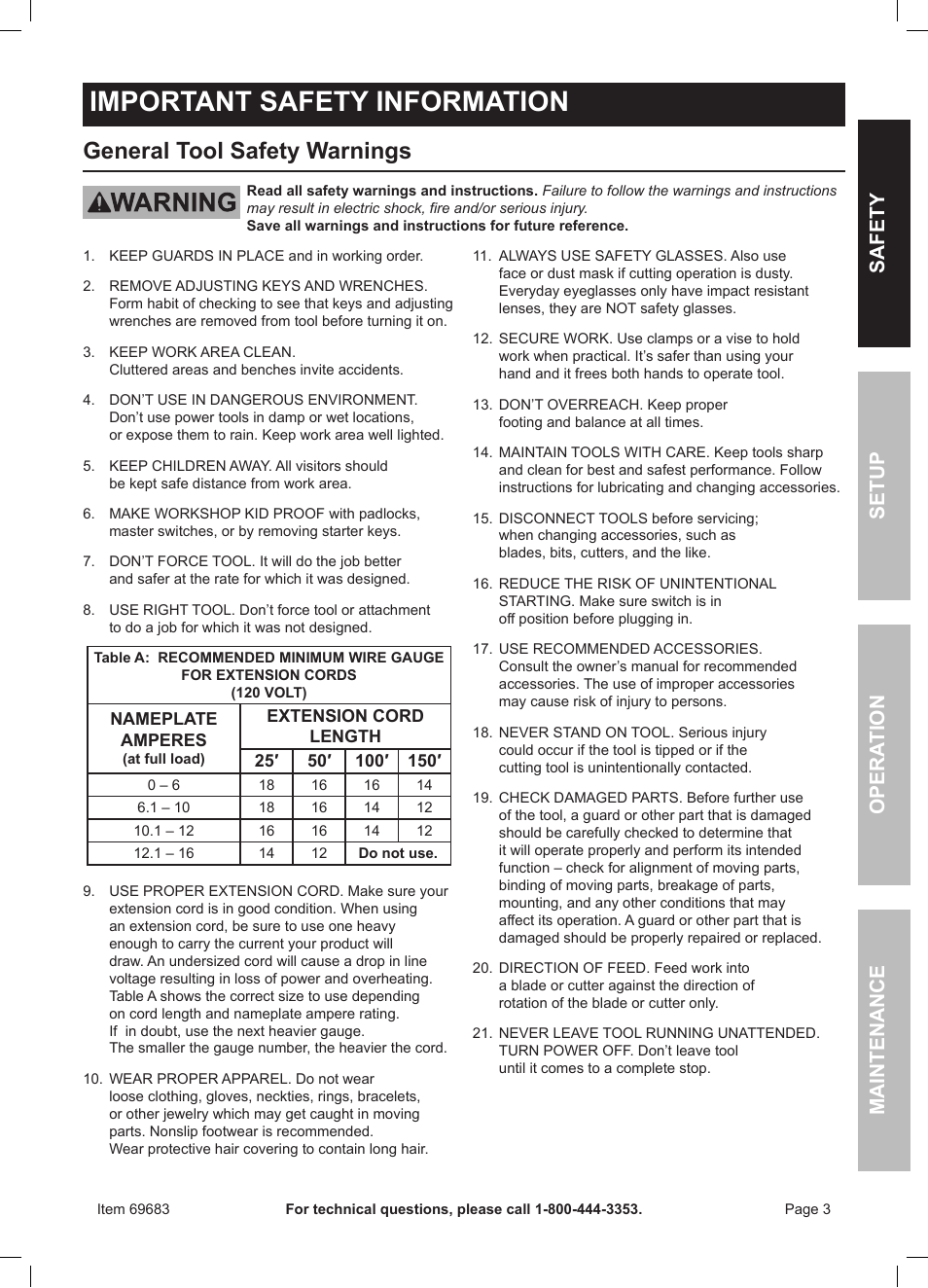 Important safety information, General tool safety warnings, Safety opera tion maintenance setup | Chicago Electric 10" Compound Miter Saw with Laser Guide 69683 User Manual | Page 3 / 20