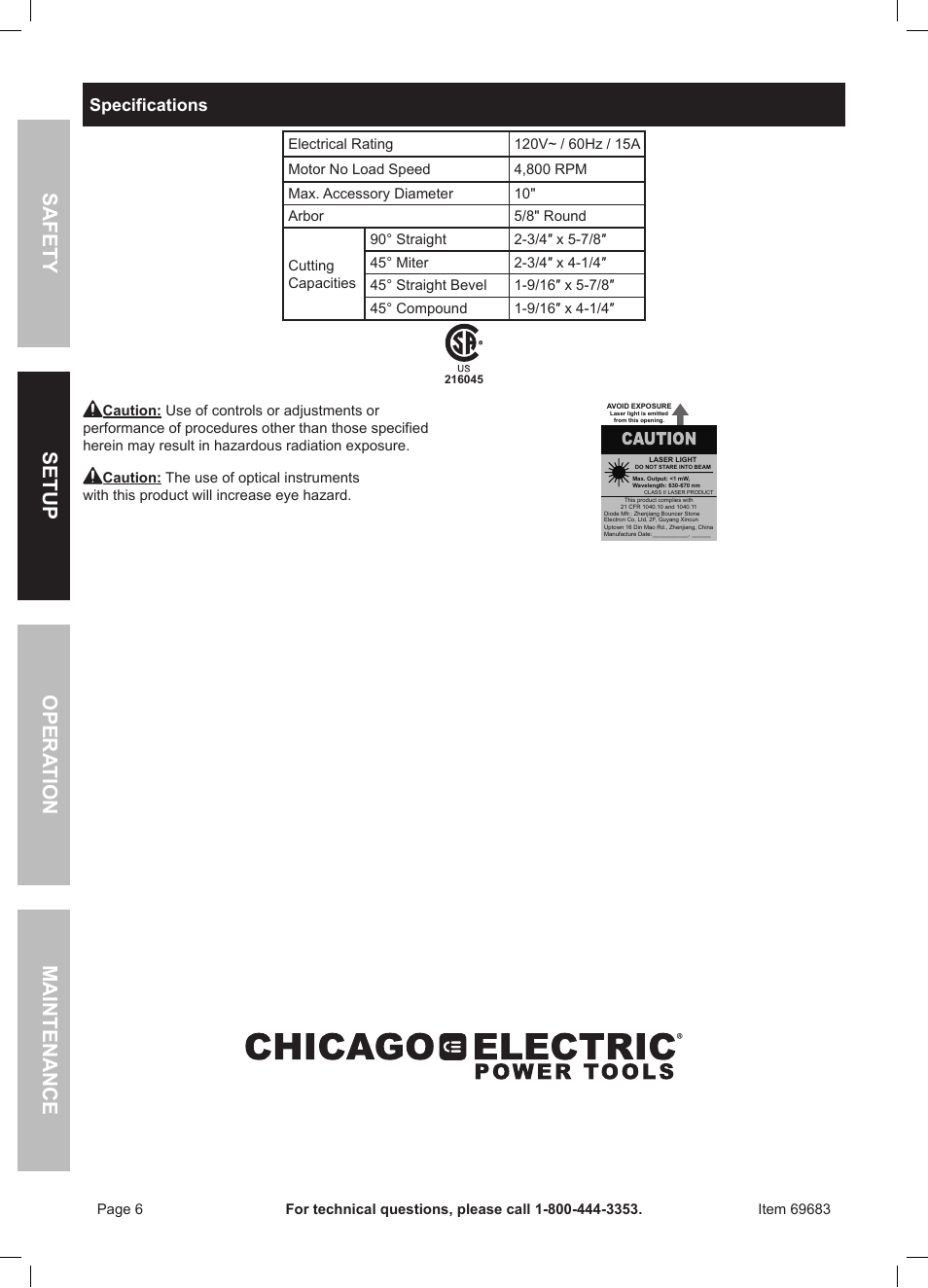 Safety opera tion maintenance setup, Specifications | Chicago Electric 10" Compound Miter Saw with Laser Guide 69683 User Manual | Page 6 / 20