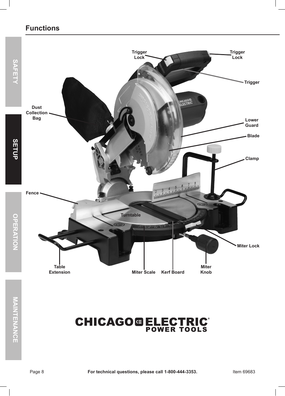 Functions, Safety opera tion maintenance setup | Chicago Electric 10" Compound Miter Saw with Laser Guide 69683 User Manual | Page 8 / 20