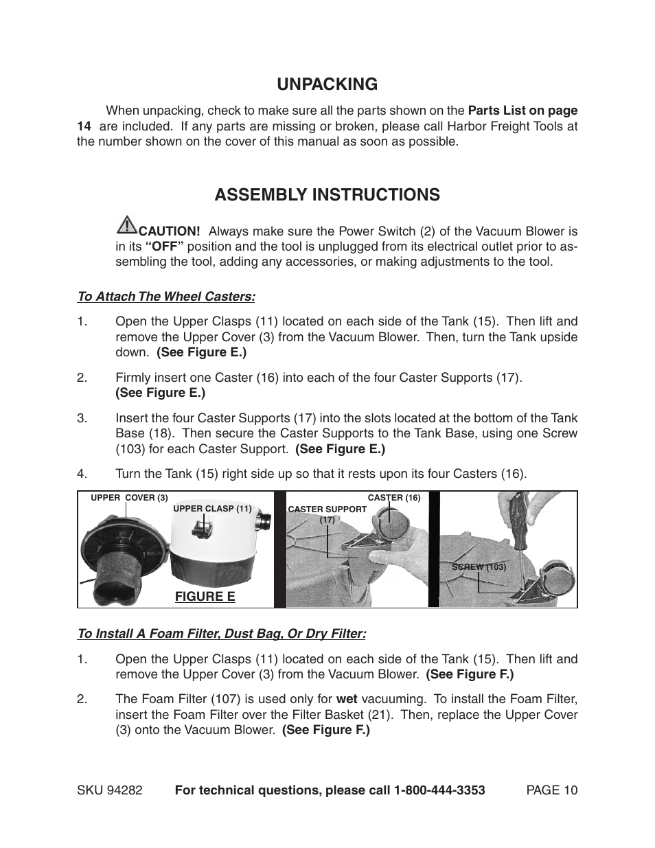 Assembly instructions, Unpacking | Chicago Electric 94282 User Manual | Page 10 / 16