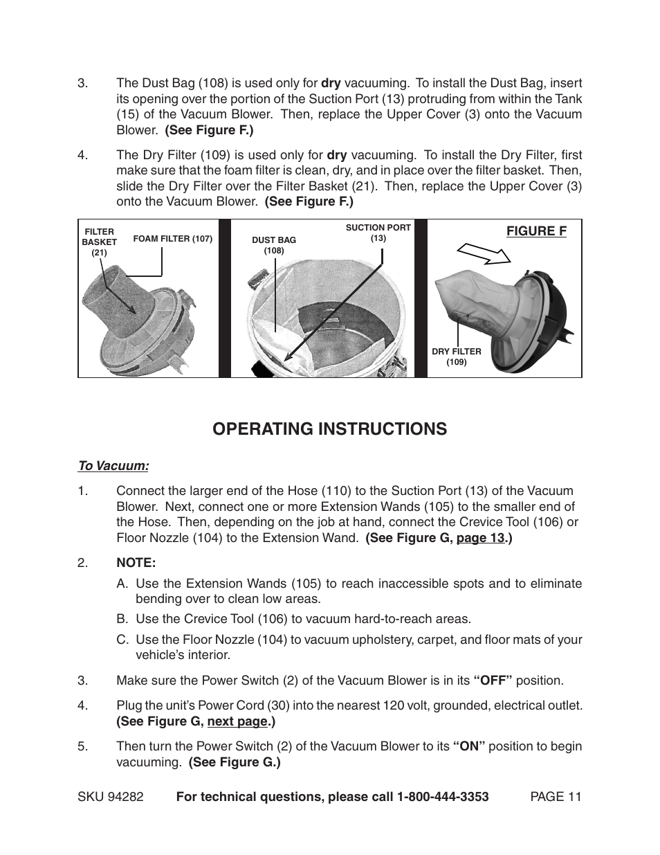 Operating instructions | Chicago Electric 94282 User Manual | Page 11 / 16