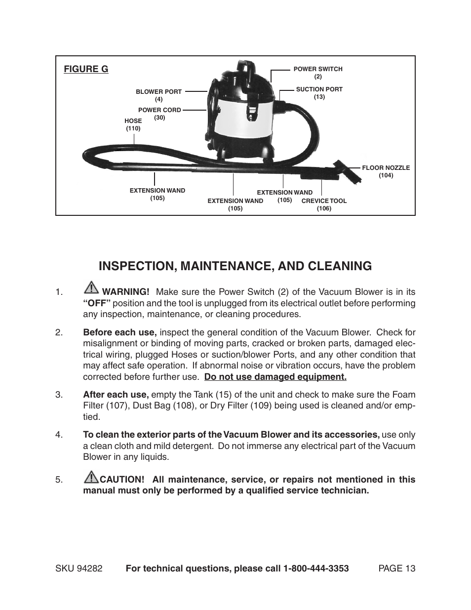 Inspection, maintenance, and cleaning | Chicago Electric 94282 User Manual | Page 13 / 16