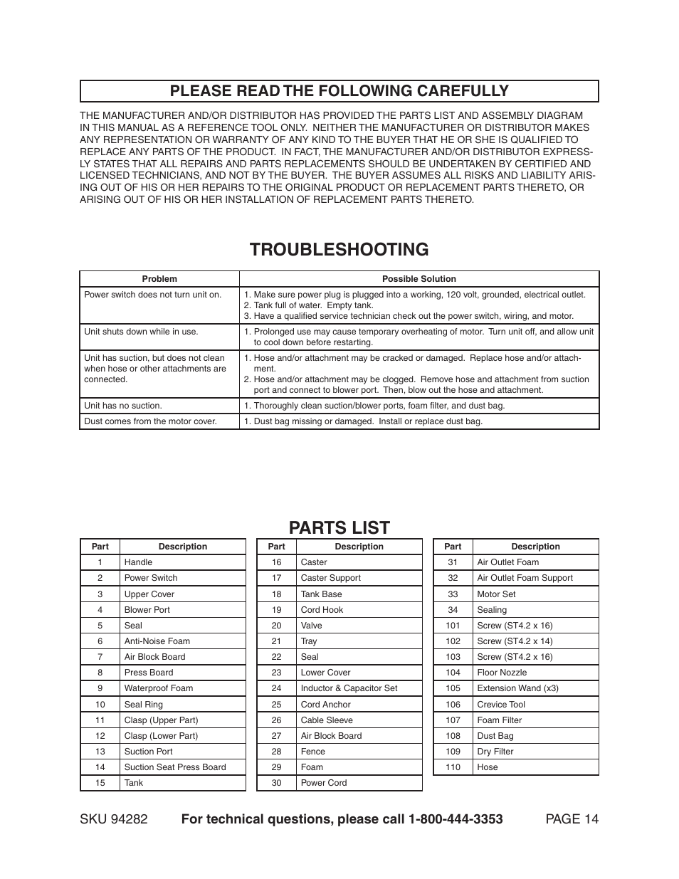 Parts list troubleshooting, Please read the following carefully | Chicago Electric 94282 User Manual | Page 14 / 16