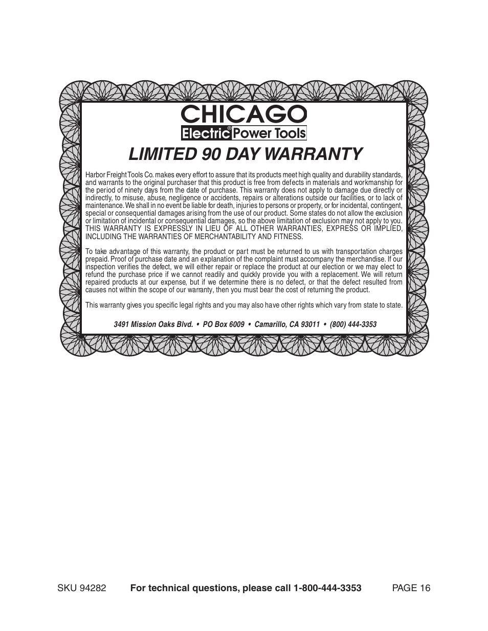 Limited 90 day warranty | Chicago Electric 94282 User Manual | Page 16 / 16