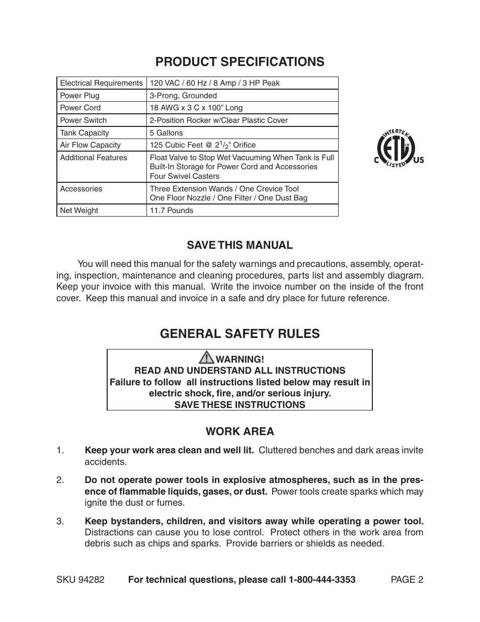 General safety rules, Product specifications, Save this manual | Work area | Chicago Electric 94282 User Manual | Page 2 / 16