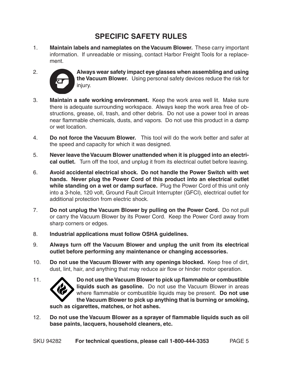 Specific safety rules | Chicago Electric 94282 User Manual | Page 5 / 16