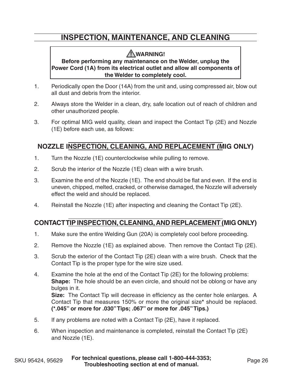 Inspection, maintenance, and cleaning | Chicago Electric 95424 User Manual | Page 26 / 39