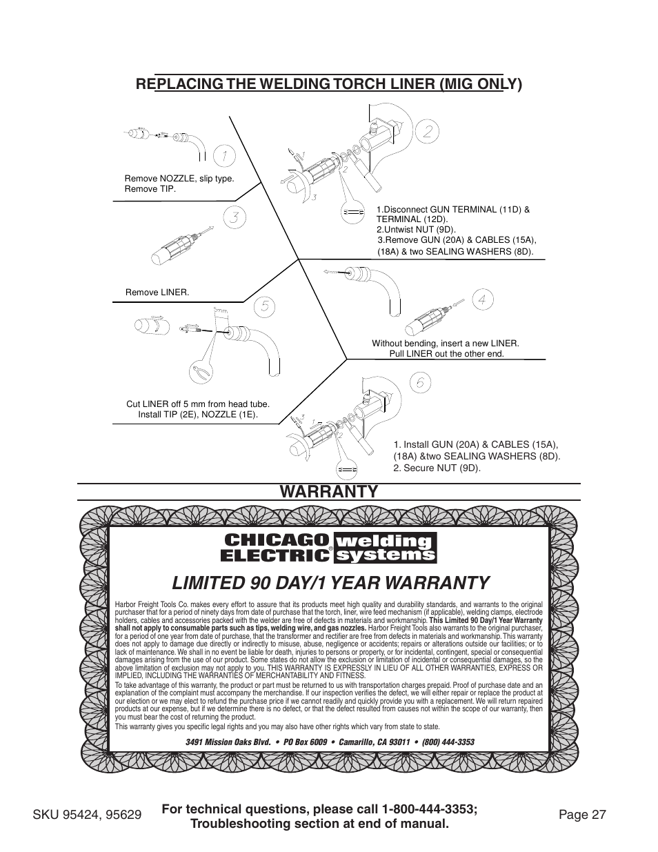 Limited 90 day/1 year warranty, Warranty, Replacing the welding torch liner (mig only) | Replacing the welding torch liner | Chicago Electric 95424 User Manual | Page 27 / 39