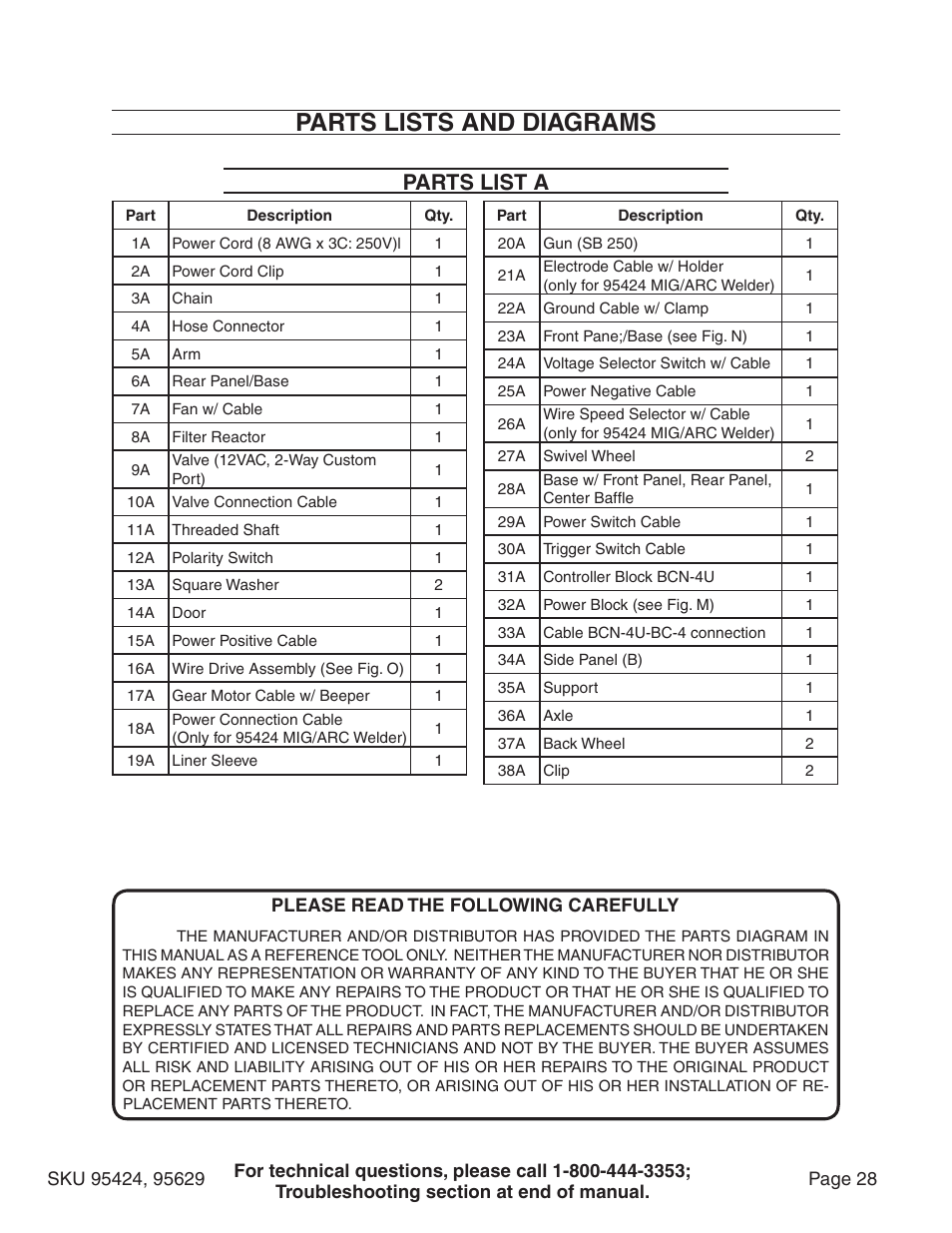 Parts lists and diagrams, Parts list a | Chicago Electric 95424 User Manual | Page 28 / 39