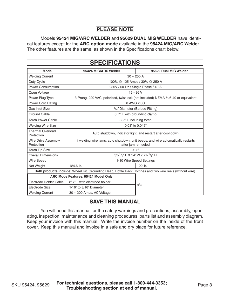 Specifications, Save this manual | Chicago Electric 95424 User Manual | Page 3 / 39