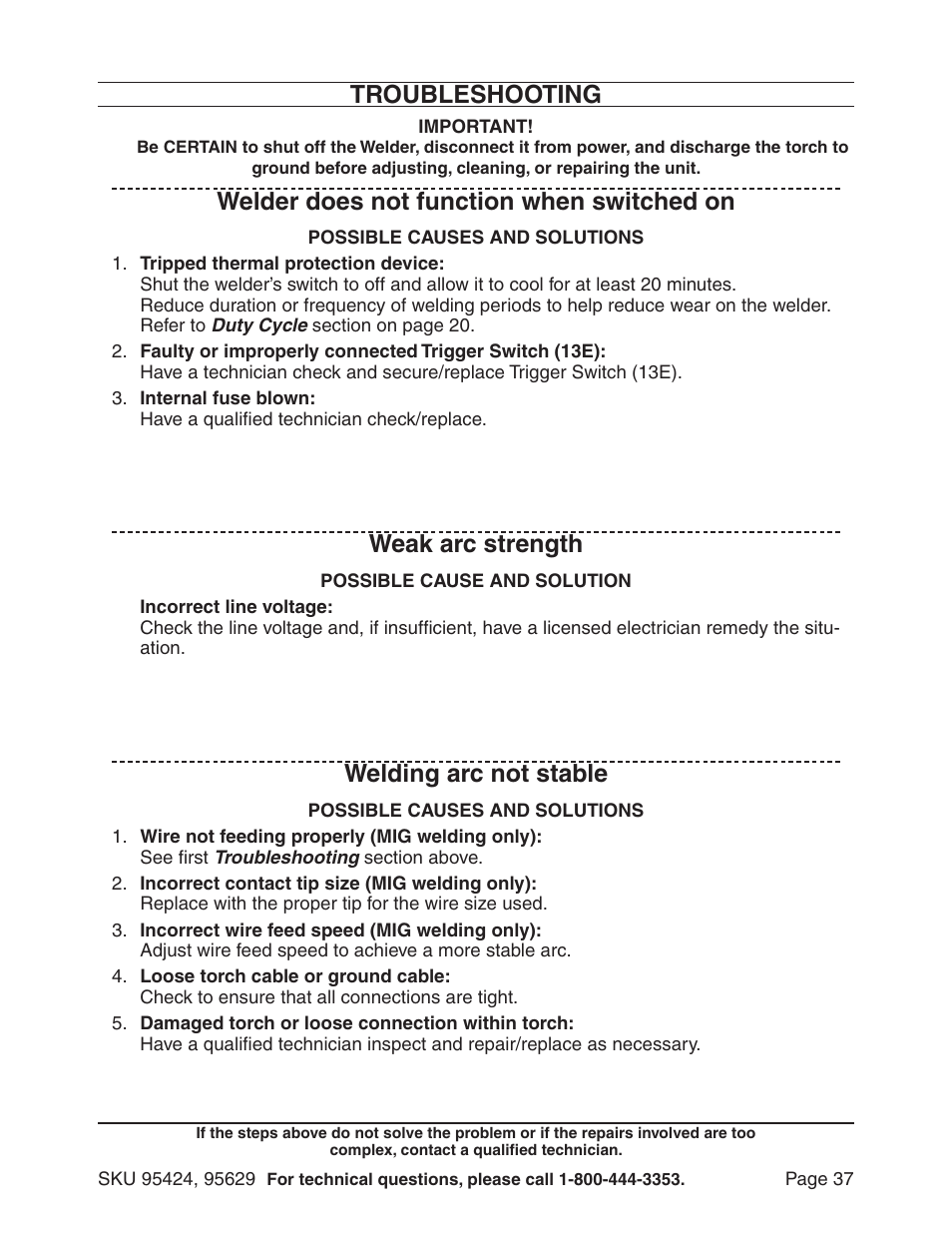 Troubleshooting welding arc not stable, Welder does not function when switched on, Weak arc strength | Chicago Electric 95424 User Manual | Page 37 / 39