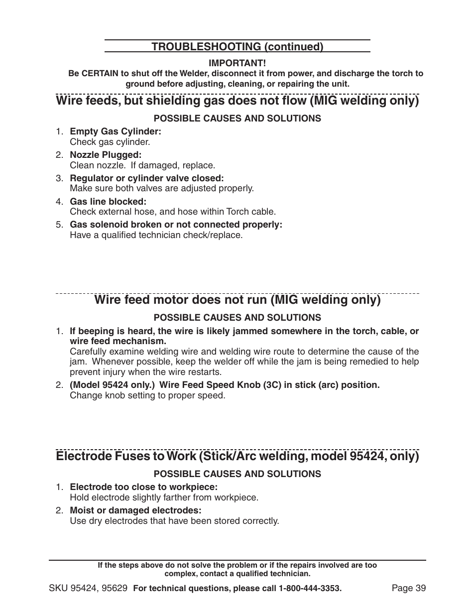 Wire feed motor does not run (mig welding only) | Chicago Electric 95424 User Manual | Page 39 / 39